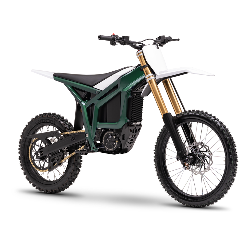 Talaria Komodo electric enduro bike, Chrome Green — front three-quarter view