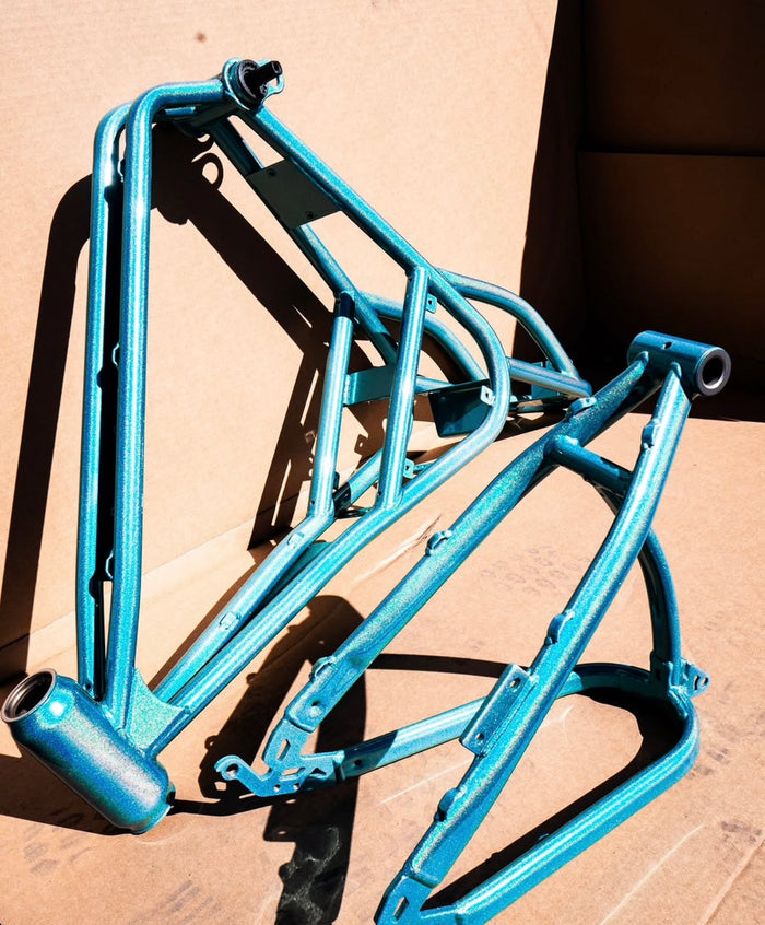 Frame and swingarm in teal sparkle powder coat