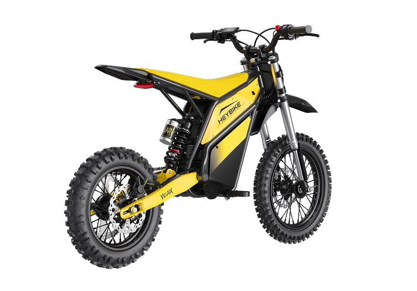 HeyBike Villain electric dirt bike, Yellow — rear three-quarter view