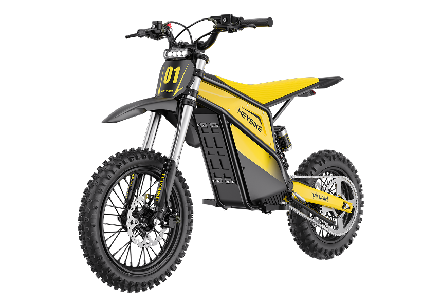 HeyBike Villain electric dirt bike, Yellow — front three-quarter view