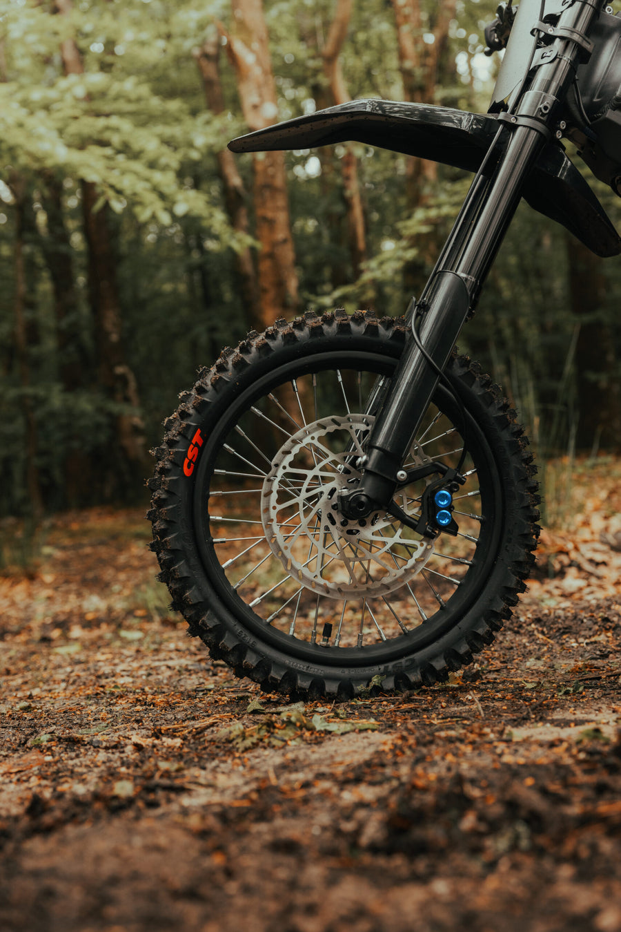 Talaria X3 Mini — front wheel, fork and brake close-up