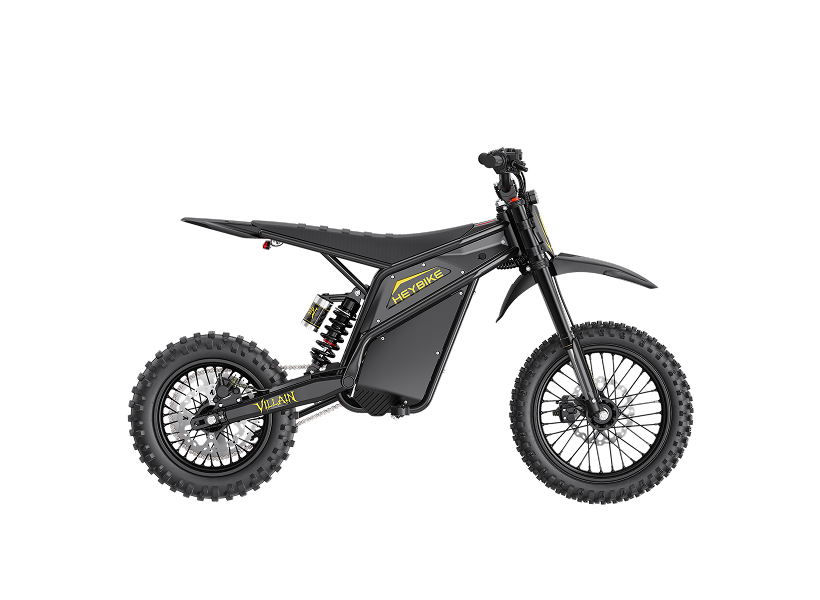 HeyBike Villain electric dirt bike, Midnight Black — front three-quarter view