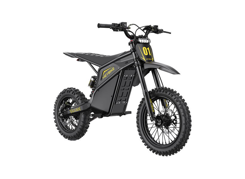 HeyBike Villain electric dirt bike, Midnight Black — rear three-quarter view