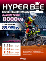 Sur-Ron Hyper Bee 2026 — official launch poster with 8,000 W peak power and 85.98 lb weight