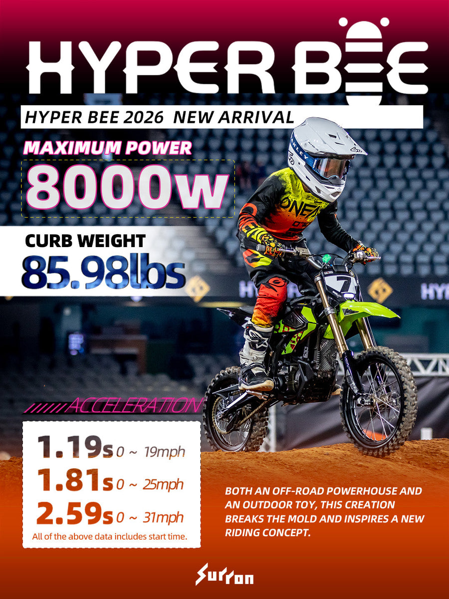 Sur-Ron Hyper Bee 2026 — official launch poster with 8,000 W peak power and 85.98 lb weight