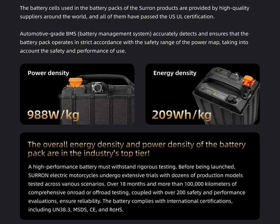 Sur-Ron Ultra Bee HP 2026 — battery graphic with 988 W/kg power density and 209 Wh/kg energy density