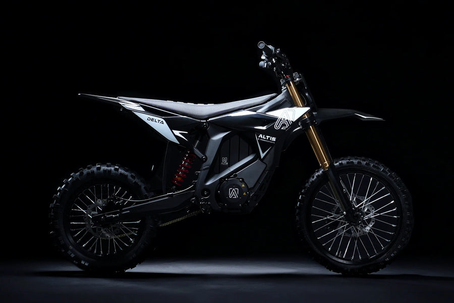 Altis Delta electric pit bike, Black — side profile in a dark studio