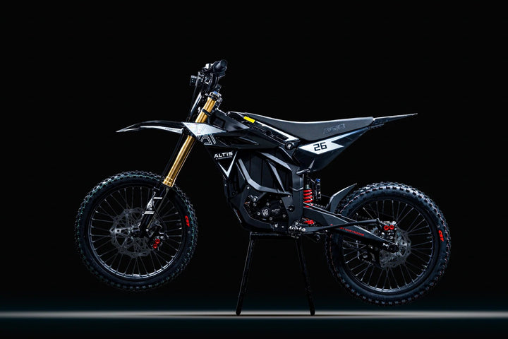 Altis Sigma 2026 electric dirt bike, Black — side profile in a dark studio