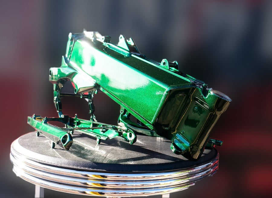 Frame and swingarm in green metal-flake powder coat
