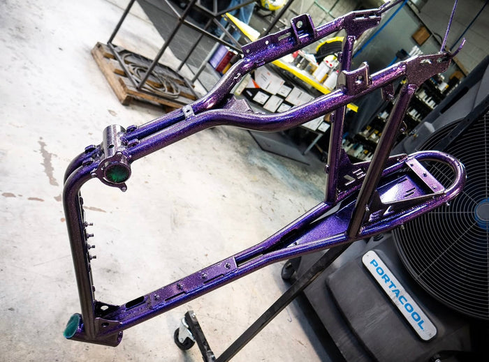 Frame in purple metal-flake powder coat
