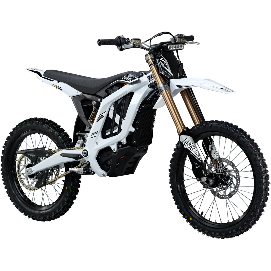 Sur-Ron Light Bee 2 electric dirt bike, Glacier White, front three-quarter view