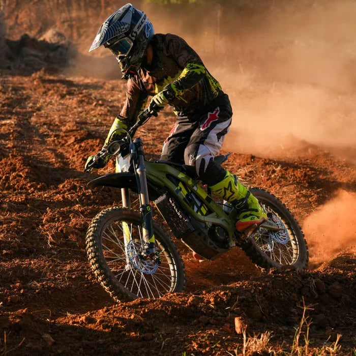 Rider in action on a Green Sur-Ron Light Bee X